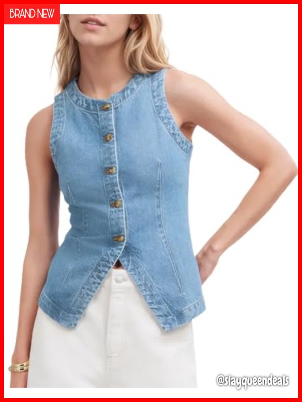 Denim Vest Sleeveless Button Down Front Slit Slim Jean Waistcoat